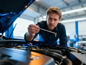 Mechanik oświetlający latarką silnik samochodu w warsztacie podczas diagnozowania usterki.