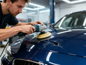 Mechanik w rękawicach roboczych trzyma nowy filtr paliwa w nowoczesnym warsztacie samochodowym.