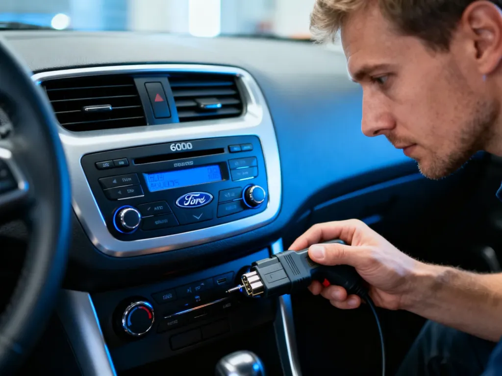 Mężczyzna używa urządzenia diagnostycznego przy radiu Ford 6000CD w samochodzie, aby odblokować system audio.