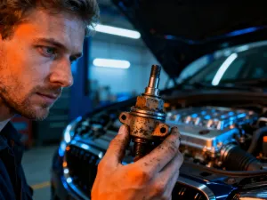 Mechanik oświetlający latarką silnik samochodu w warsztacie podczas diagnozowania usterki.