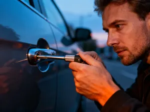 Podświetlony przycisk systemu Auto Hold na konsoli środkowej nowoczesnego samochodu.