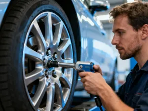 Mechanik w profesjonalnym warsztacie dopasowuje nową oponę do felgi aluminiowej.