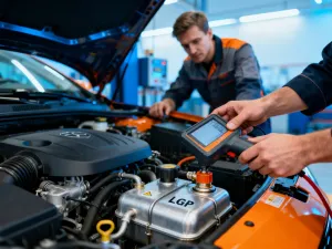 Mechanik trzymający w dłoniach samochodowy katalizator w profesjonalnym warsztacie samochodowym.