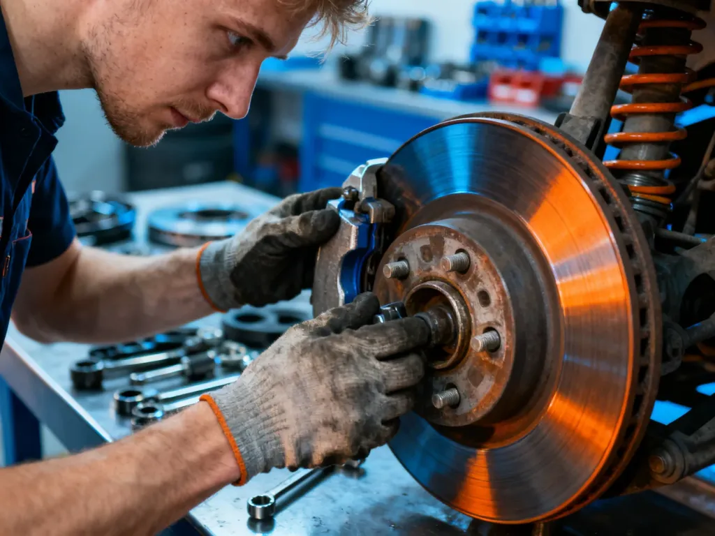 Mechanik w rękawicach ochronnych montuje nową tarczę hamulcową na piaście koła w profesjonalnym warsztacie samochodowym.