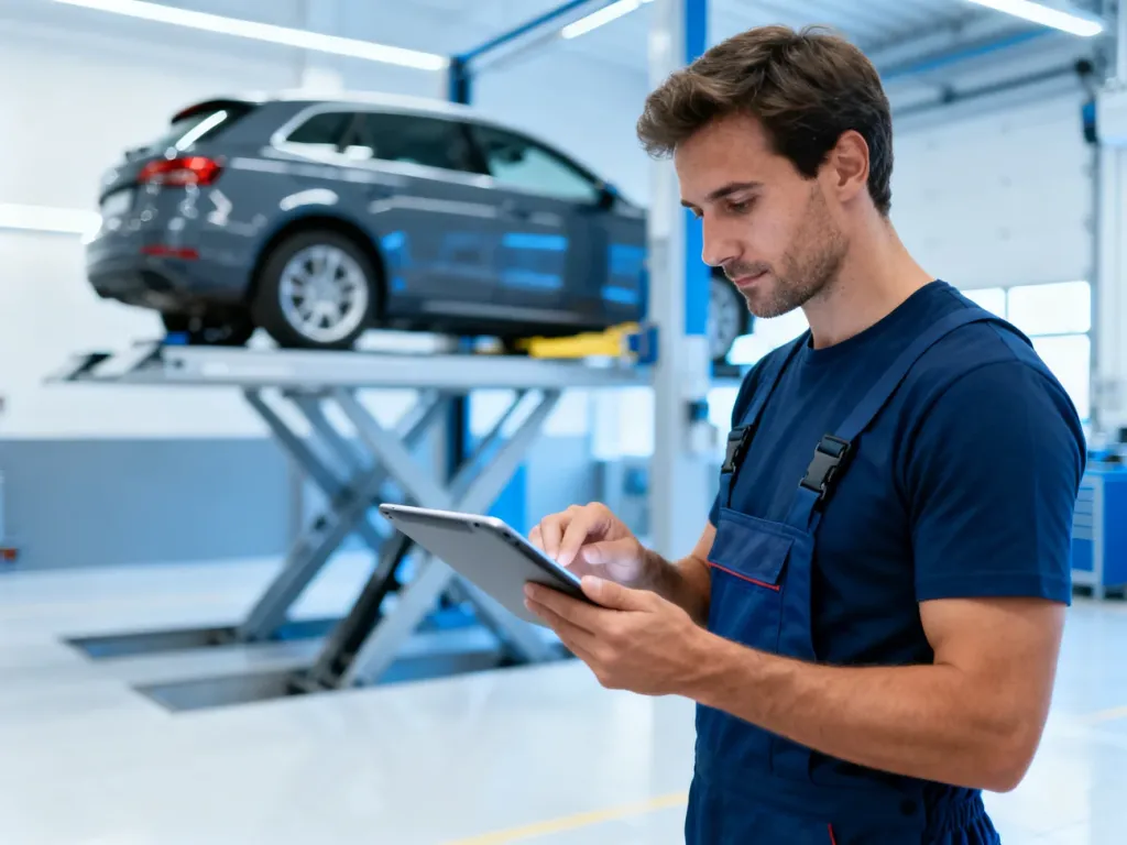 Mechanik w nowoczesnej stacji kontroli pojazdów sprawdza dane techniczne samochodu na tablecie podczas przeglądu.