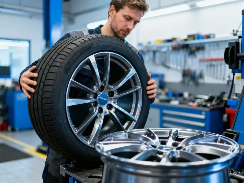 Mechanik w profesjonalnym warsztacie dopasowuje nową oponę do felgi aluminiowej.