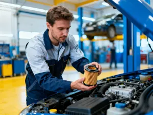Mechanik w rękawicach ochronnych montuje nową tarczę hamulcową na piaście koła w profesjonalnym warsztacie samochodowym.