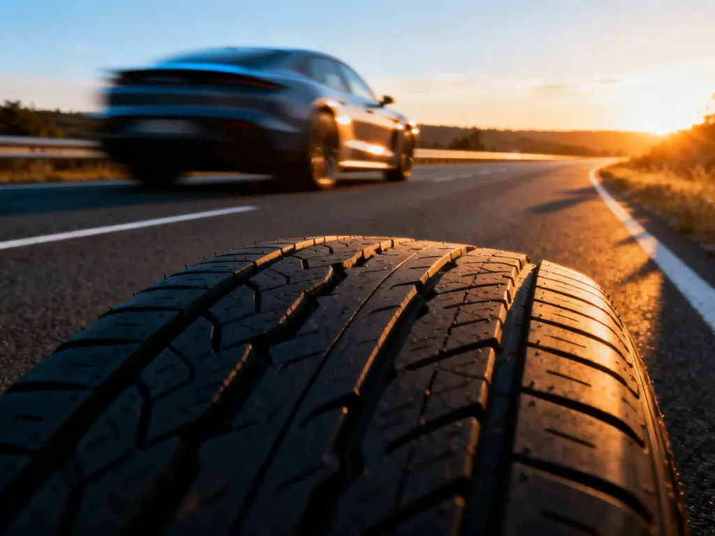 Zbliżenie na bieżnik opony Kumho na asfalcie podczas zachodu słońca, podkreślające precyzję wykonania i nowoczesny design.