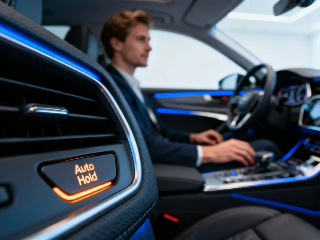 Podświetlony przycisk systemu Auto Hold na konsoli środkowej nowoczesnego samochodu.